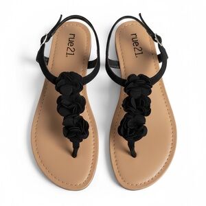 Rue21 Floral T Strap Sandals Black Flat Casual Summer Shoes Size 9.5
